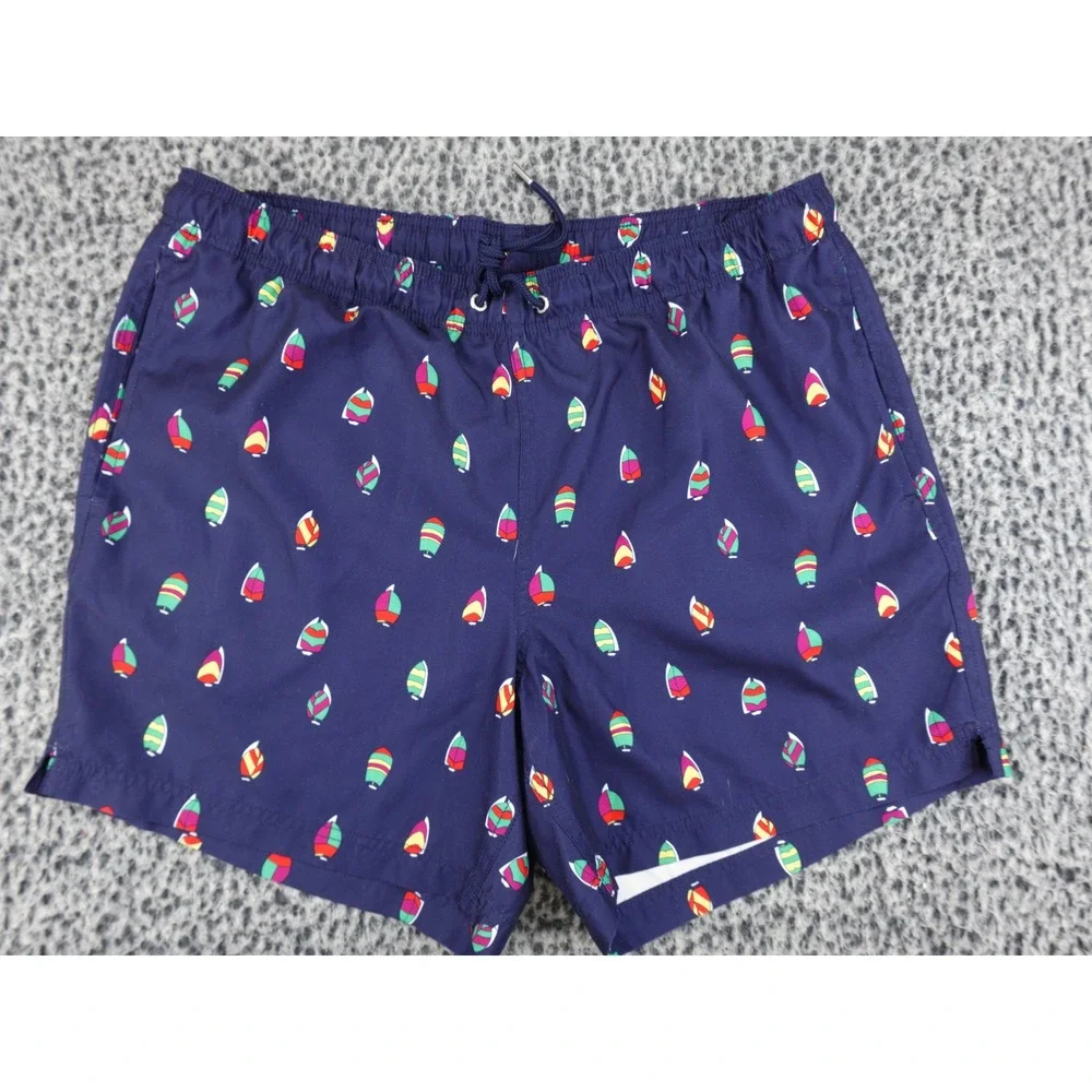 Lands End Mens Swim Trunks Large 36-38 Navy‎ Blue Sailboat Print Mesh Lined 6in